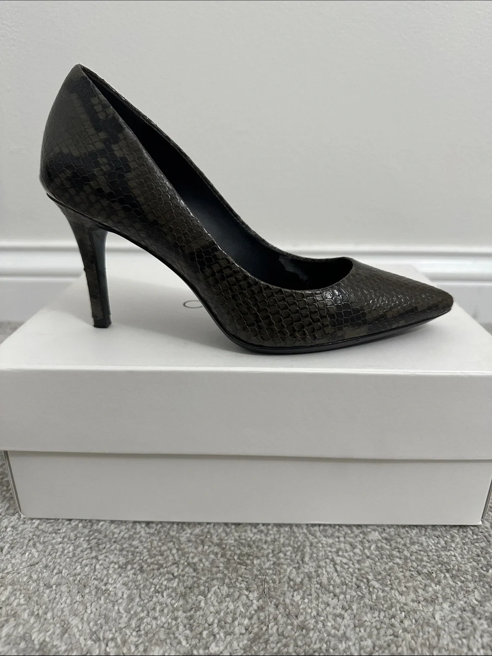 Calvin Klein Olive Snake-Embossed Pointed-Toe Pumps